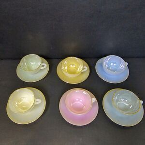 6 Arcopal French Harlequin Gold Rim Pastel Milk Opalescent Tea  Cups & Saucers